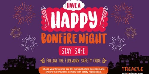 Image of GMFRS "happy bonfire night - Stay Safe" message